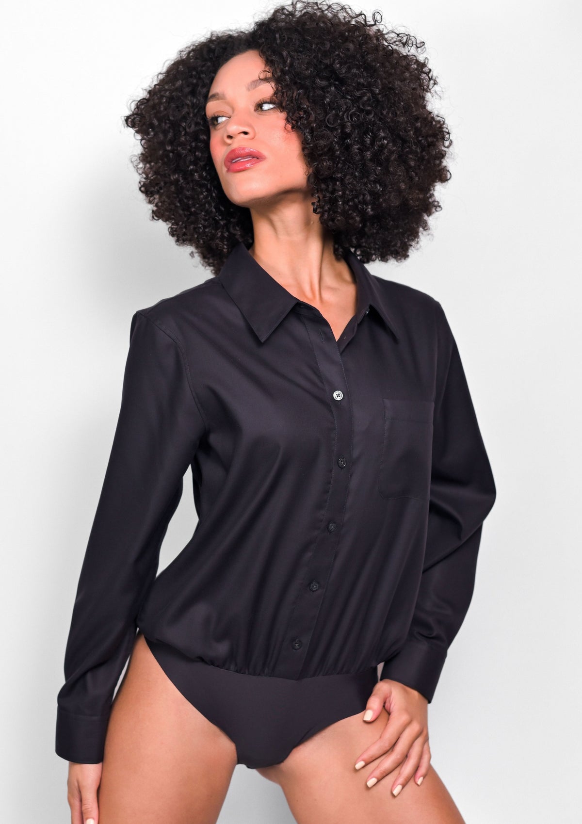 Non-iron relaxed fit bodysuit for women in charcoal black