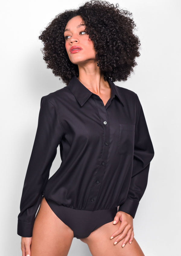 Non-iron relaxed fit bodysuit for women in charcoal black