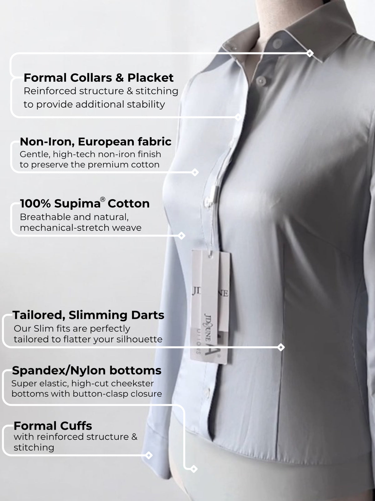 Grey bodysuit blouse for women in non-iron fabric and pointed collars