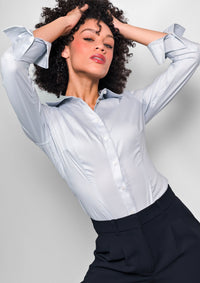 Grey slim fit bodysuit for women in pinpoint oxford